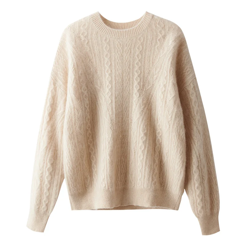 round neck twist lazy shoulders cashmere yarn knitted ladies pullover sweater