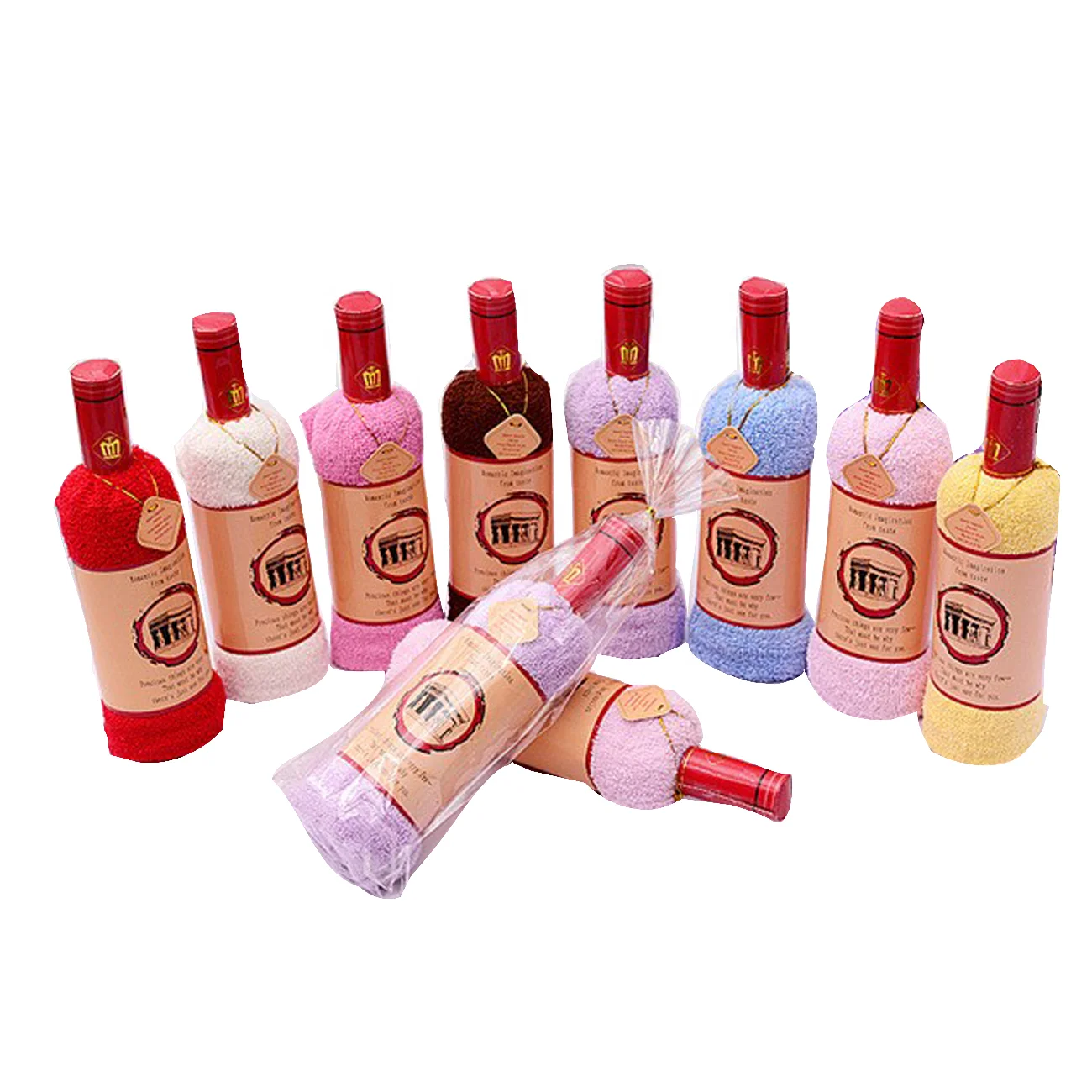 Fast Shipping 35x75cm Cotton Fiber Wine Bottle Shape Cake Towel in Opp Gift Bag Souvenir Towels