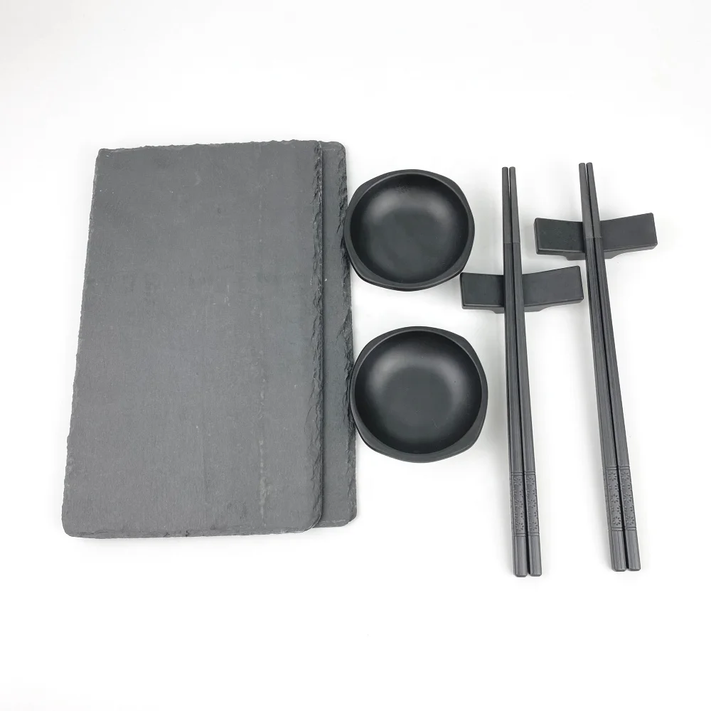 Japanese  Nature stone Black Slate  Plate melamine sauce  with fiberglass Chopsticks Dinnerware Set  for 2 person Gift set