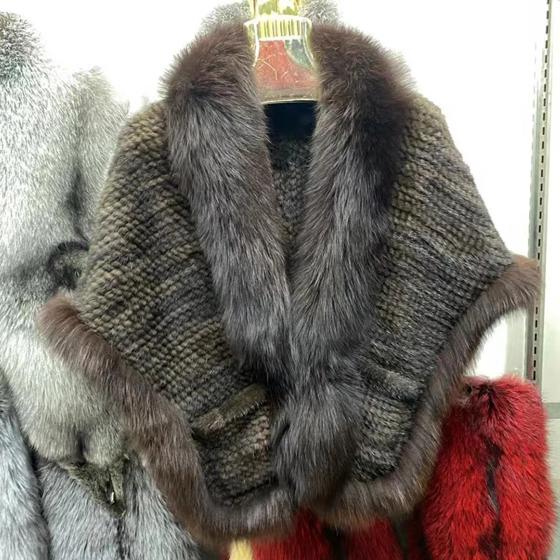 2023 autumn winter authentic mink fur shawl with long fox fur collar with front pocket luxury hand knitted mink fur ponchos