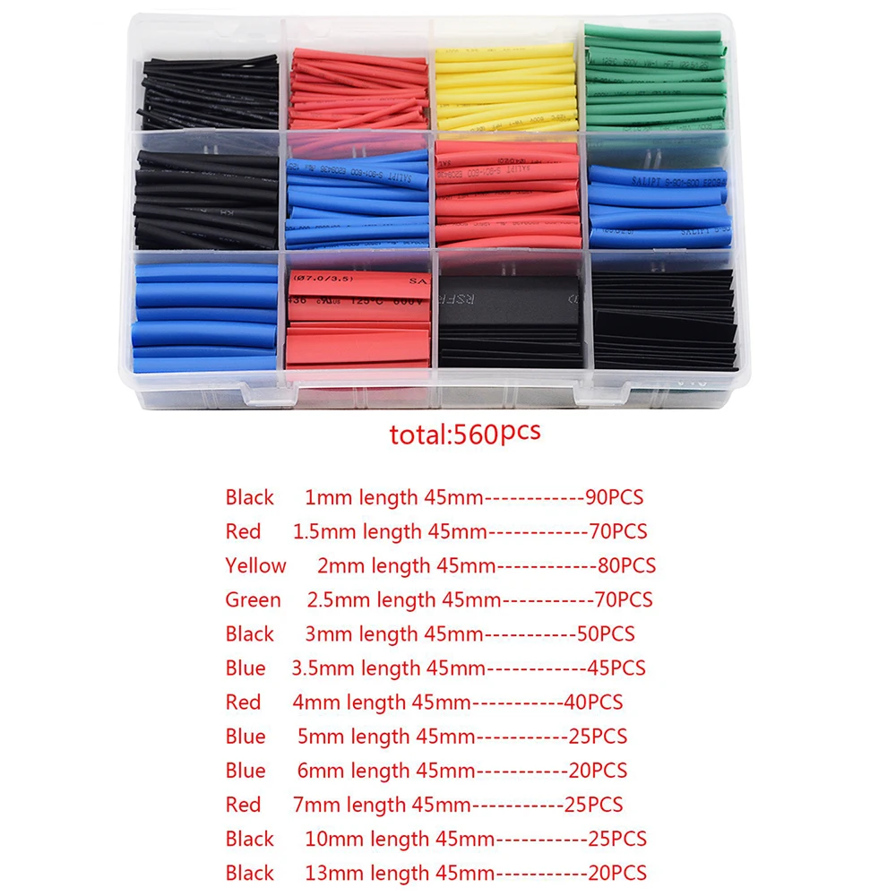 560pcs Polyolefin Heat Shrink Tubing Set 2:1 Shrink Ratio for Wires Cables Multicolor Sleeves