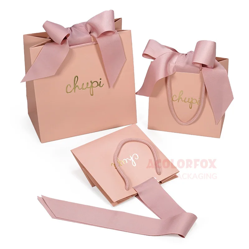 Luxury Jewelry Shopping Paper Bag Custom Print Logo Gold Foiled Mini Cute Pink Paper Gift Bags With Handles Ribbon Closure