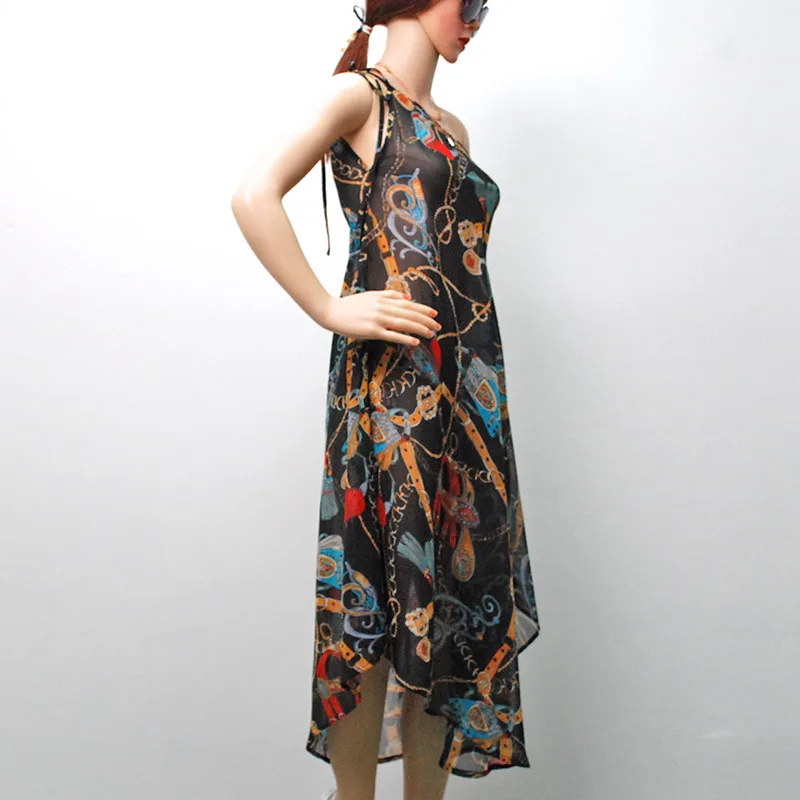 Summer Chiffon Sling Slanted Casual Holiday Lady Beach Printed Women Casual Dresses Ladies Sleeveless Beach Dresses For Ladies