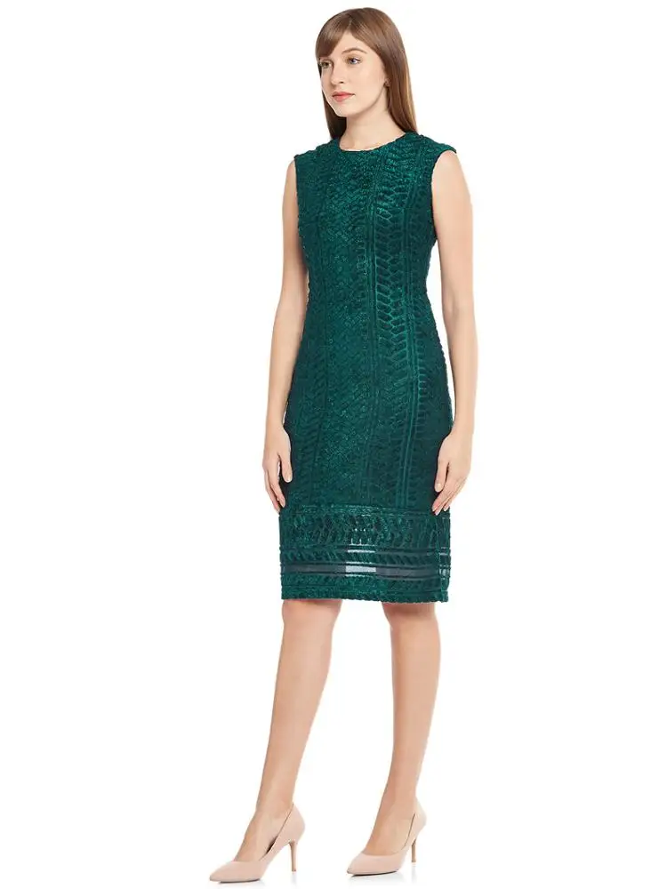 PURSUIT SHEATH DRESS IN GREEN WITH SELF-DESIGN