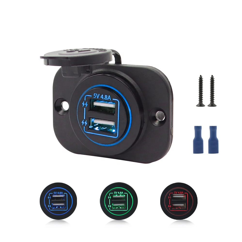 Amomd Single Face Plates Marine and Car USB Socket Charger Port 4.8A LED Waterproof Dual Port Fast Charge