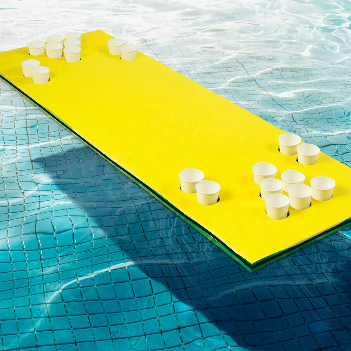 
OEM 3 Layer Colorful Tear Resistant XPE Foam Water Floating Mat with Cup Holes for Lake Pool Game In Water Play Equipment 