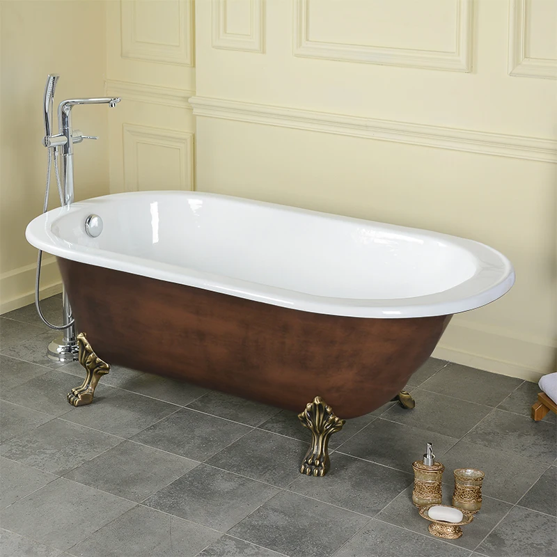 Cast Iron Freestanding Square Bath Tub Solid Enamel Surface Flat Rim Bathtub On Lion Paw Feet