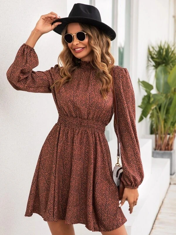 2022 new fashion women causal street style elastic shirred waist long sleeve chiffon dress