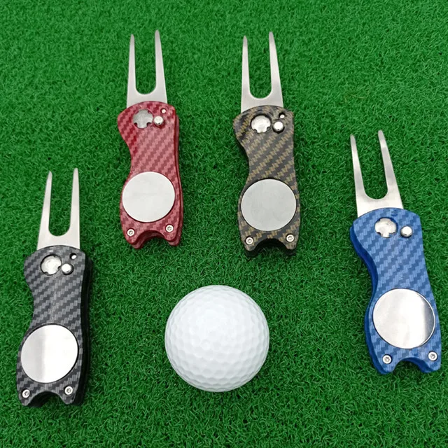 Metal Plastic Blank Carbon Fiber Pattern  Golf Product Accessories Foldable Pitch Repair  Fixers Fork  Pitch Green Divot Tools