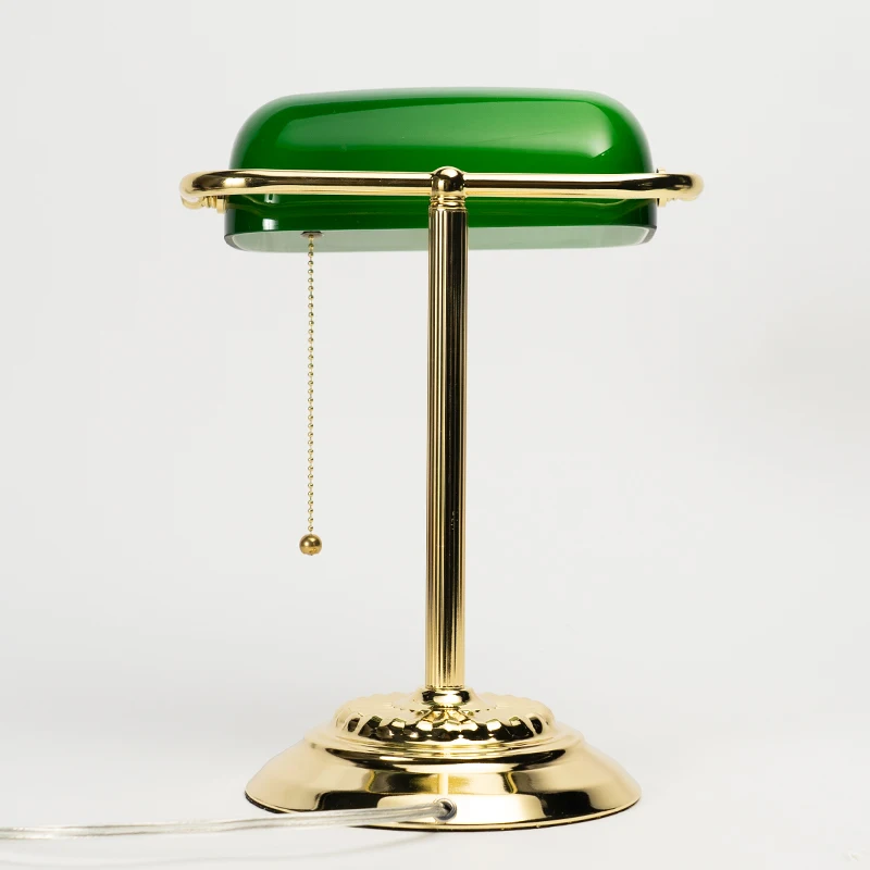  110V AC Powered Traditional Bankers Lamp With Green Glass Shade and Polished Brass Finish For Office Library Study