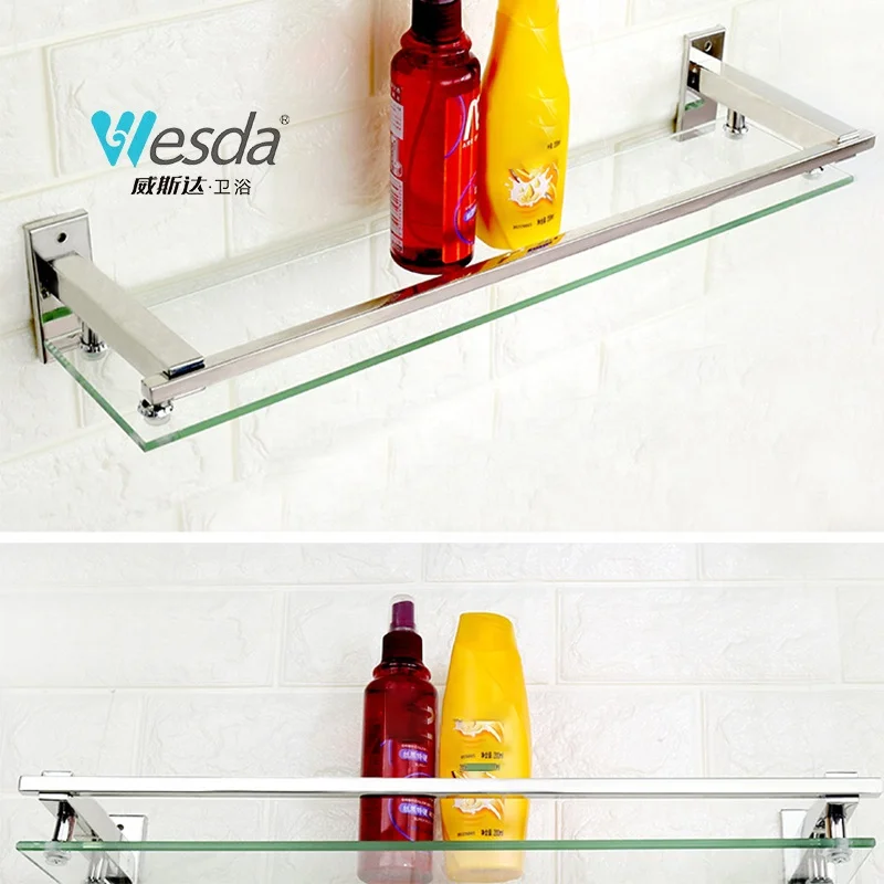 WESDA Salon Stainless Steel Brackets Wall Mount Tempered Glass Towel Rack Rectangular Floating Shelves Bathroom Glass Shelf