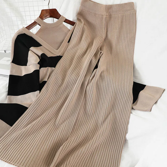 TZ071  New 2023 Autumn Two Pieces Set Halter Neck Striped Knitted Tops Sweater + Wide Leg Pants Set Clothing Wholesale 10