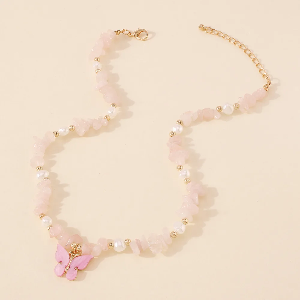 Fashion Natural Gemstone Beaded Choker Baroque Pearl Natural Pink Blue Crystal With Acrylic Butterfly Pendent Necklace