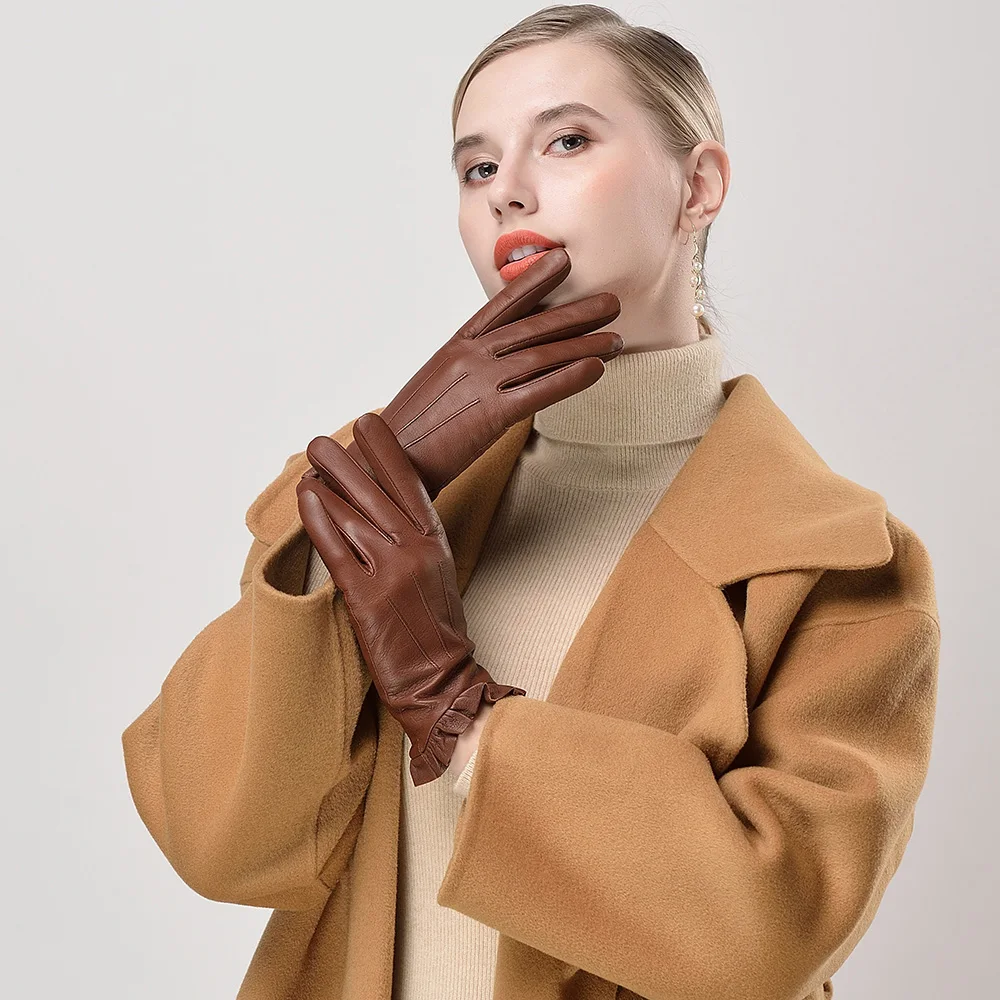 Kulanyane Frill Cuff Design Lady Winter Warm Keeping Leather Gloves Daily Wearing