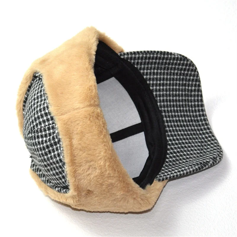 Trooper Trapper Hat Winter Windproof Ushanka Russian Hats with Faux Fur Ear Flaps Plaid Thick Baseball Cap with Warmer Earflap