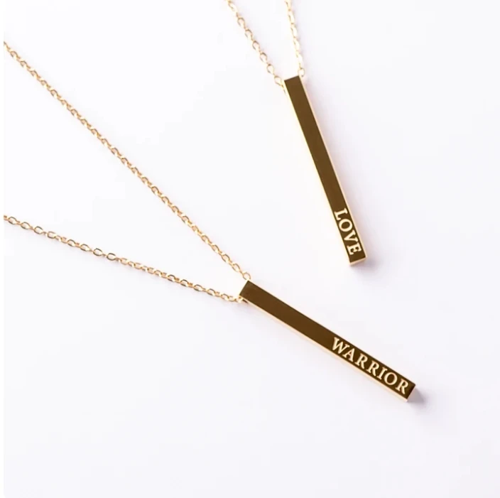 Custom Stainless steel Waterpoof Tarnish Free Encourage Strength Jewelry Gold Engraved Love Warrior 3D pendant Bar Necklace