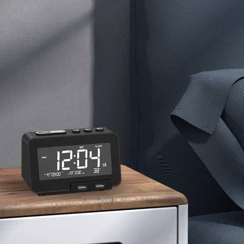 Hotel Alarm Clock Radio FM with sleep Timer Dual USB Port Charging Digital LED Display Dimming Adjustable Volume BT speaker