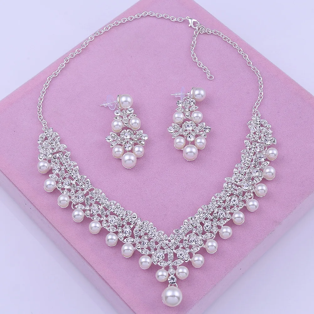 New Bridal Hair Accessories Ladies Tiara Wedding Pearl Rhinestone Crown Necklace Earrings Set