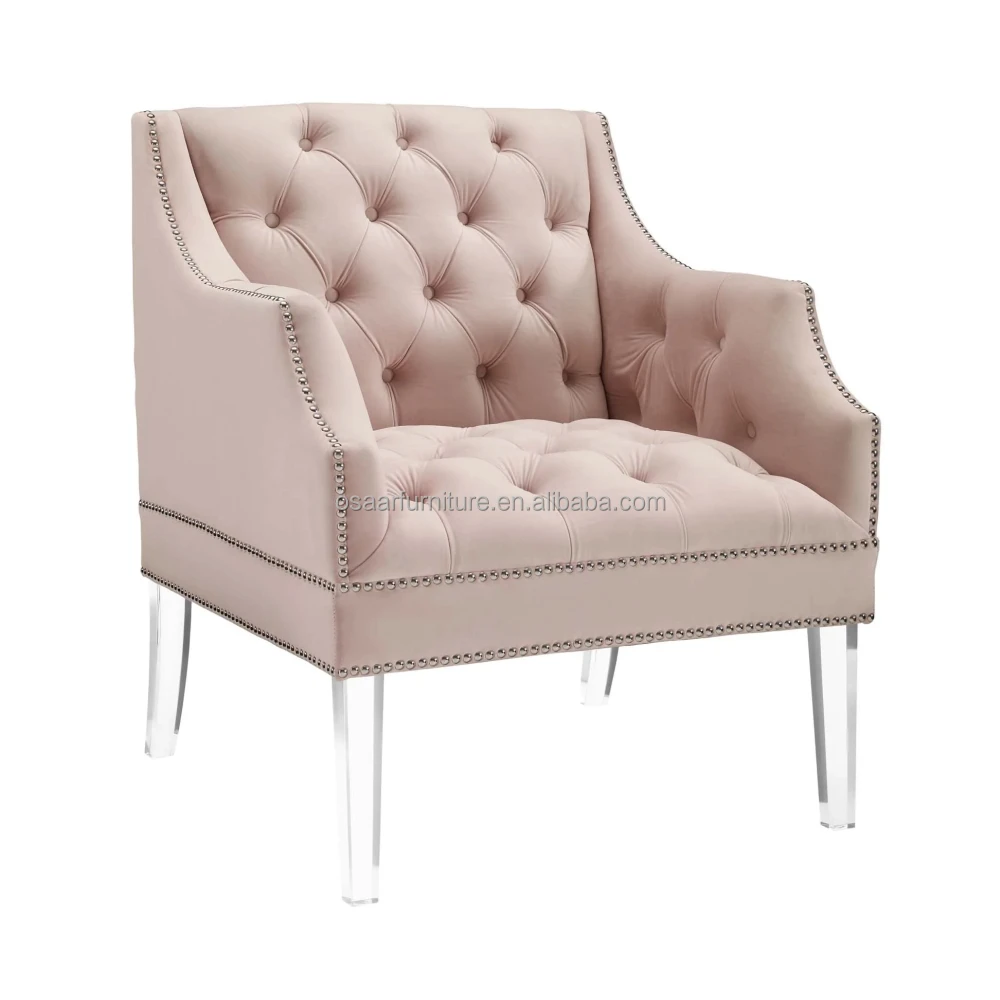 Acrylic Legs Tufted Back Pink Velvet Fabric European Style Modern Leisure Chair