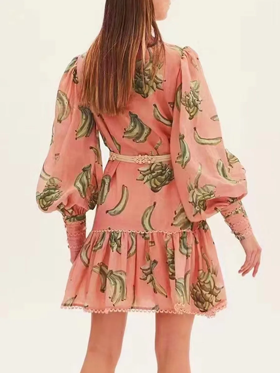 2023 Grace Ladies Casual Patchwork Lace Cutout Ruffle Mini Ladies Dress Hawaiian Plantain Pattern Elegant Casual Dress