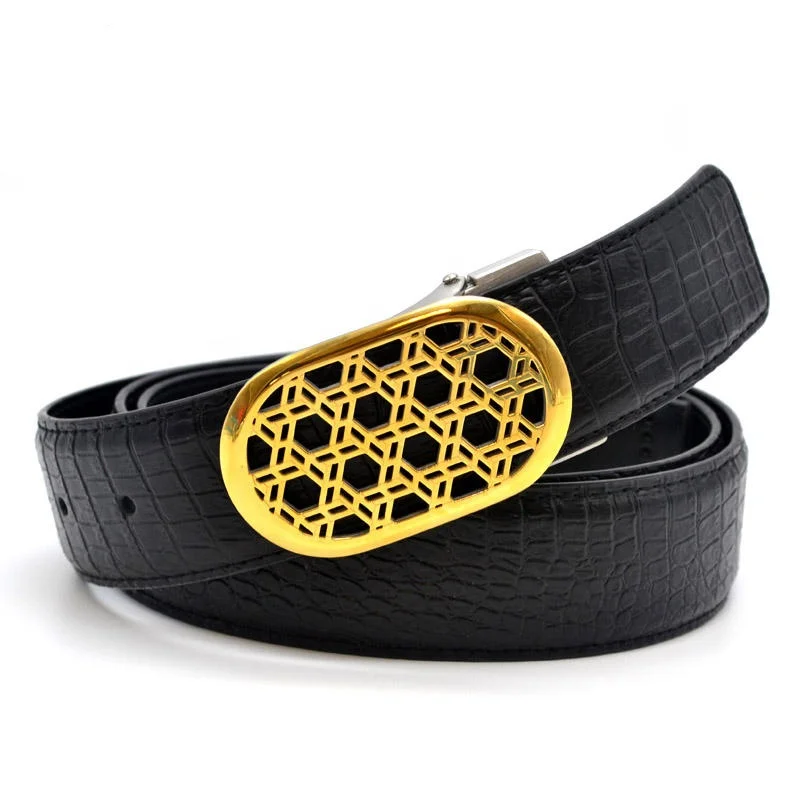 New Trendy Custom Women Gold Stainless Steel Buckle Black Genuine Leather Belt For Women
