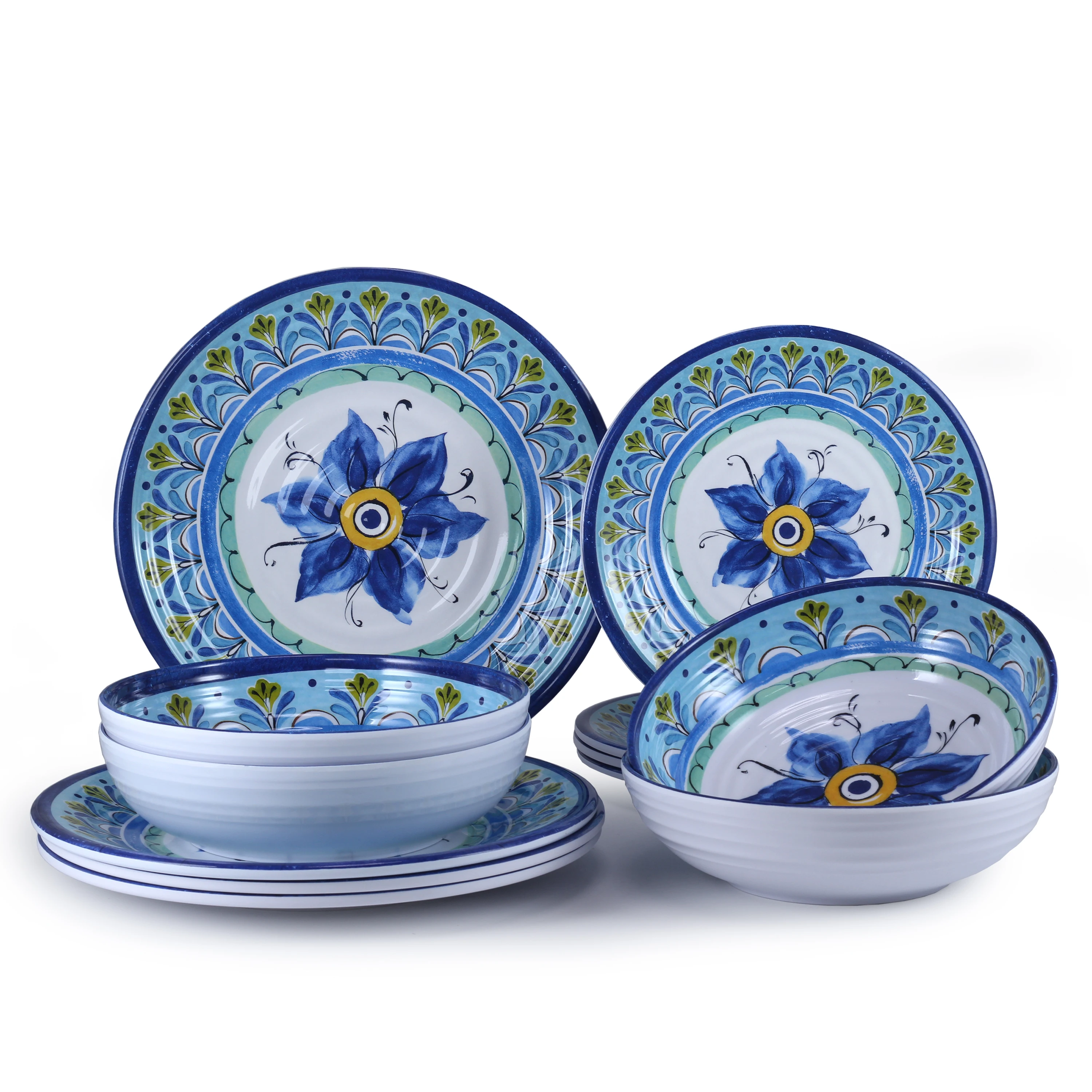Plastic Blue Floral design Melamine elegant tableware 3 pcs melamine dinnerware plate bowl set
