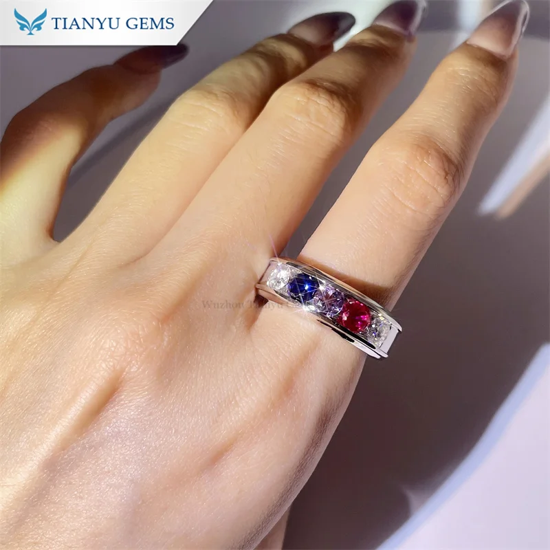 Tianyu gems private custom make round cut colorful ruby purple blue sapphire and moissanite 4.5mm Platinum rings for men