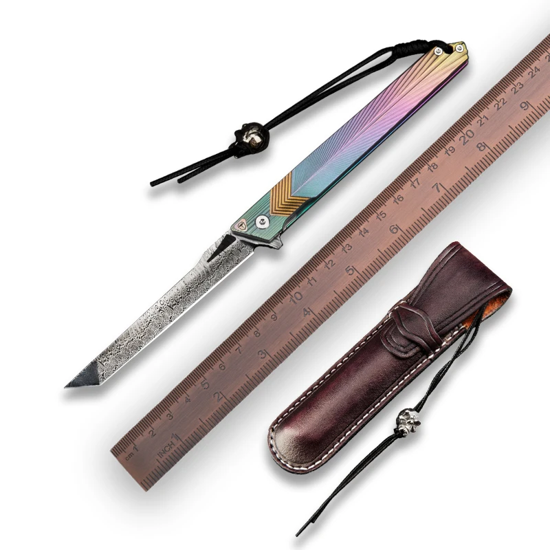 Premium Sweden Powder Damascus Steel Slim Pen Tanto Point TC4 Titanium Alloy Handle Pocket Knife with Clip And Leather Sheath