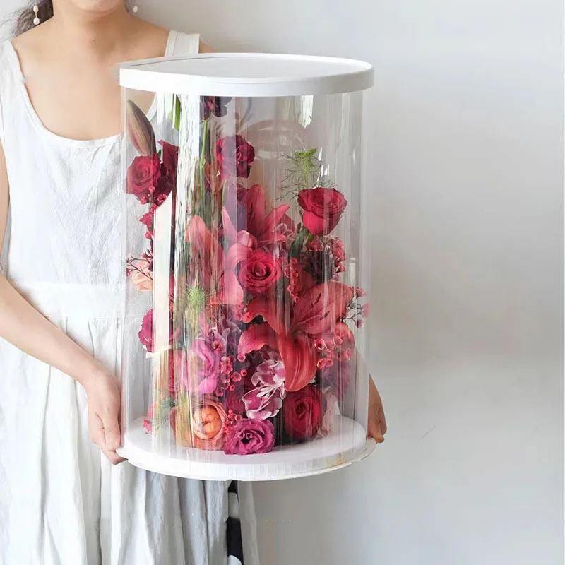 2022 Flower in Cake Box Tall Clear Cylindrical Transparent Round Cake Box Flower Gift Dustproof Exhibition Box