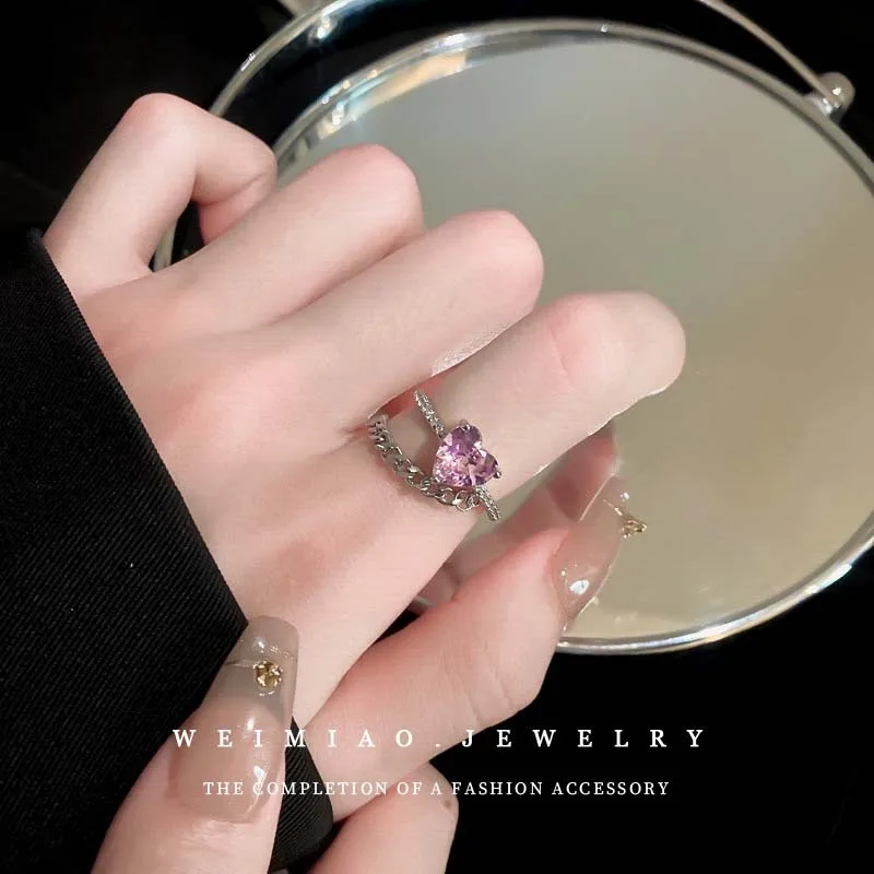 Zircon Heart Double Layer Open Ring Fashion Light Luxury Niche Design Index Finger Ring High-End Jewelry Wholesale