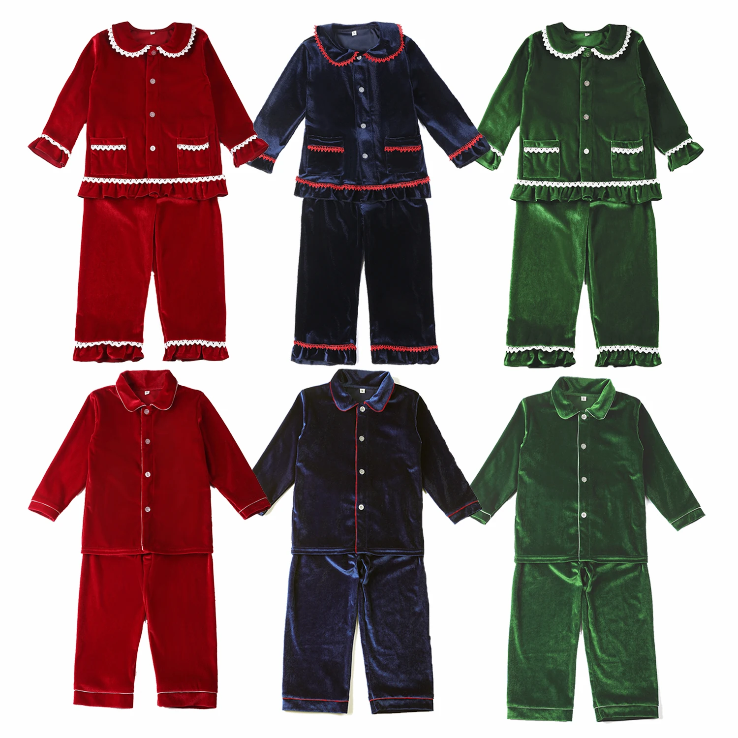 Christmas Classical Red Velvet Pjs Kids Clothing Green Velour Pajamas Baby Girl Boutique Night Dress Pyjamas