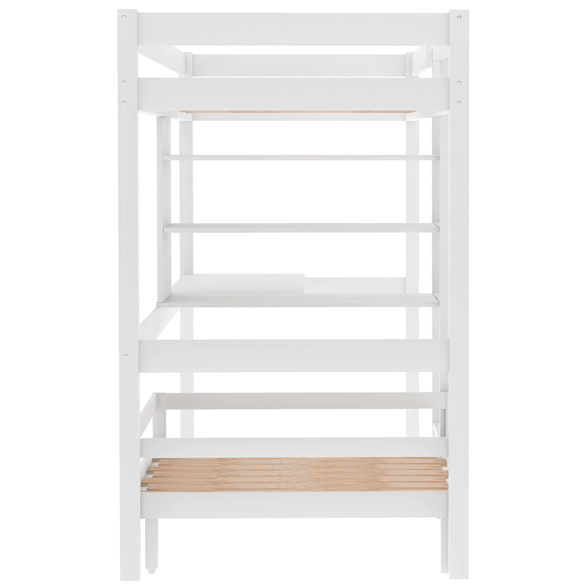 Convertible Loft Bed with L-Shape Desk, Twin Bunk Bed with Shelves and Ladder for Boys and Girls, White