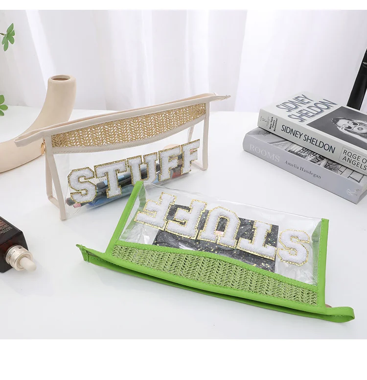 New Arrive Transparent PVC Makeup Bag With  Embroidery Letter Patch Girls Straw Plaited Article Clear Personality Cosmetic Bag