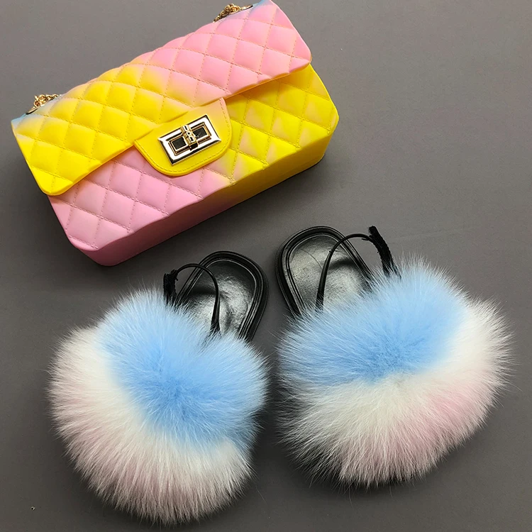 
Fluffy big child fur slides fox fur slides and purse for kids 