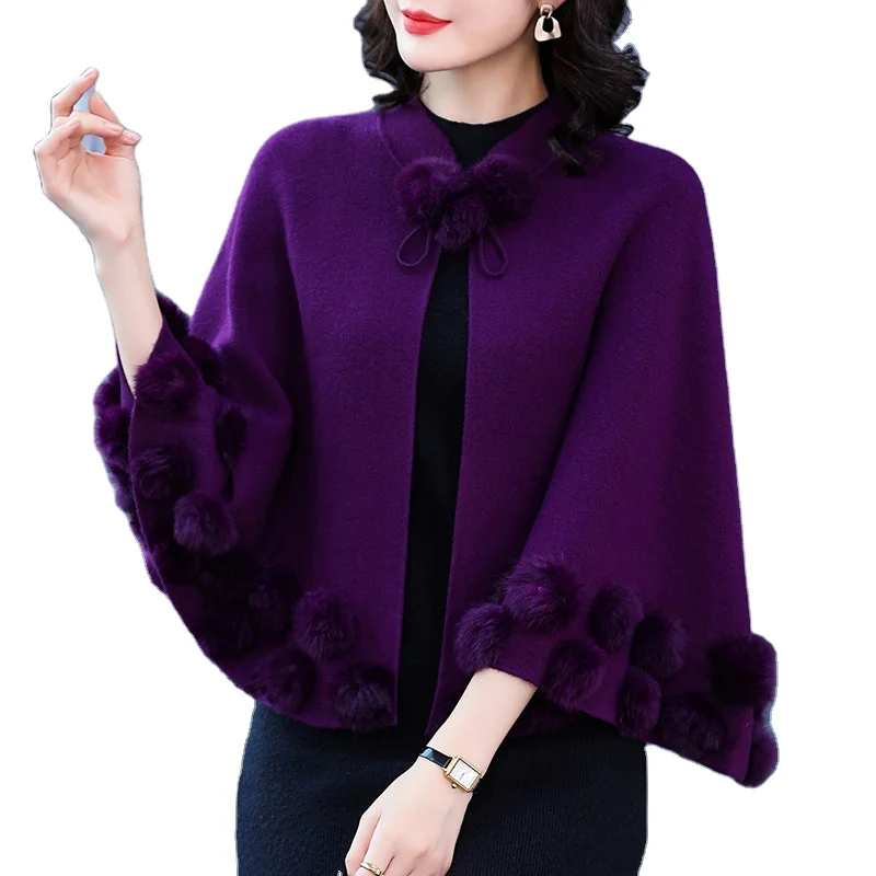 2024 Autumn and Winter New women mink fur ball cardigan cape shawls Wool ball solid color knitted cardigan cape