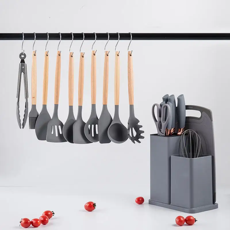 High Quality Wholesale 19Pcs Portable Camping Eco Friendly Kitchen Cooking Utensils Sets With Wooden Handle