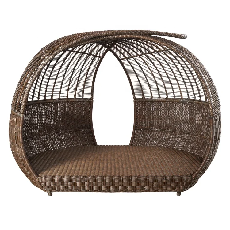 Luxury Hotel Outside Beach Wicker Sunbed Outdoor Patio Rattan Round Chaise Lounge Daybed with Canopy
