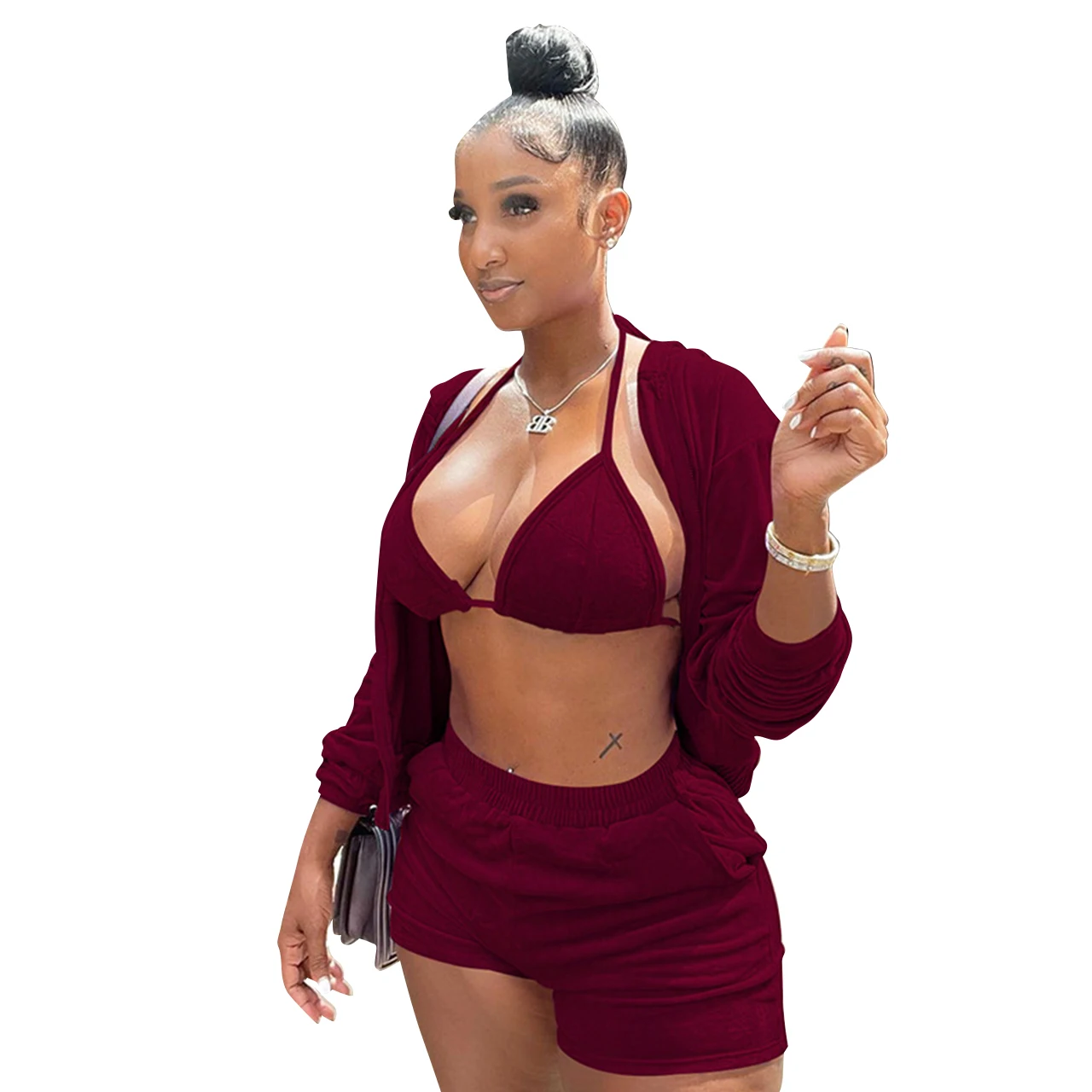 Amazon Hot Selling Velvet Velour Tracksuits Three Piece Workout Set Women Hooded Set