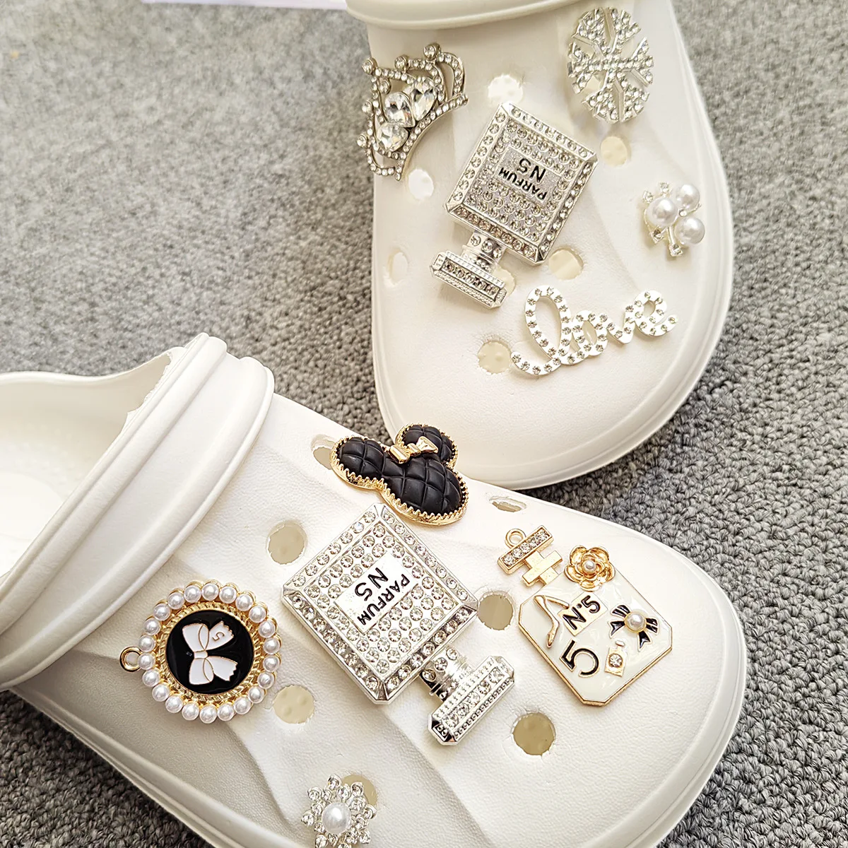 Silver khaki perfume bottle  shoe buckle accessories rhinestone crown love imitation pearl hole clogs charms slippers buckles