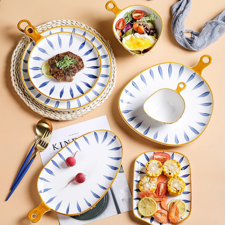 Japanese Style Ceramic Tableware Western Food Handle Steak Plate  Dishes Soup Bowl Dinnerware set