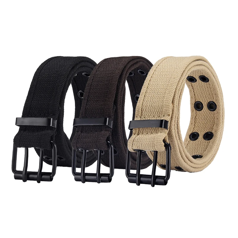 Double Grommet Belt Fabric Punk Aesthetic Belt for Women Men Casual Dark Color Pin Buckle Jeans 2 Hole Belts