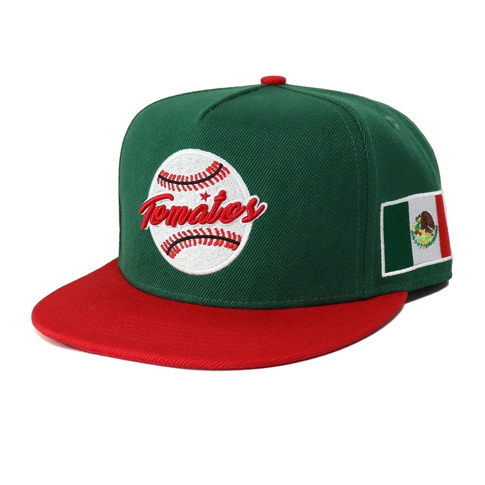 Custom cap High Quality Fashion 5 Panel Hip Hop Cotton Green red Structured Flat Brim Embroidery Logo Snapback Caps for men
