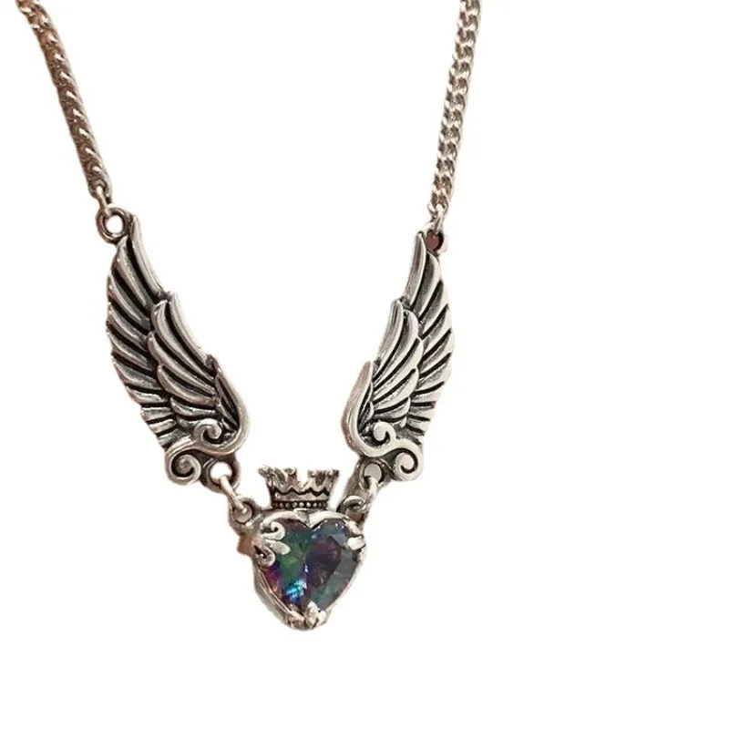 Vintage Distressed Aurora Love Crown Necklace Angel Demon Wings Pendant Necklace Zircon Geometric Heart Crown Necklaces