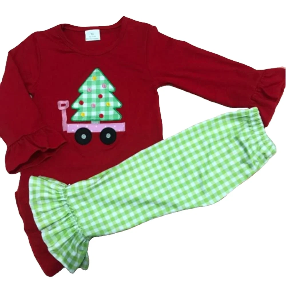 custom high quality  children smocked clothing Christmas tree embroidery boys girl clothing with knit cotton fabric