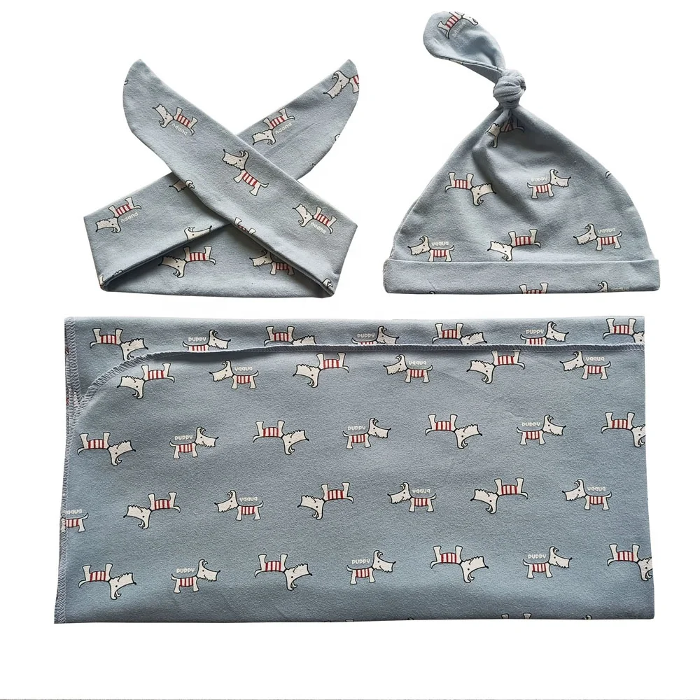 Cotton Jersey  Knitted Super Soft and Stretchy Newborn Girl and Boy Gifts Infant Hat Headband Baby Swaddle Blankets Set