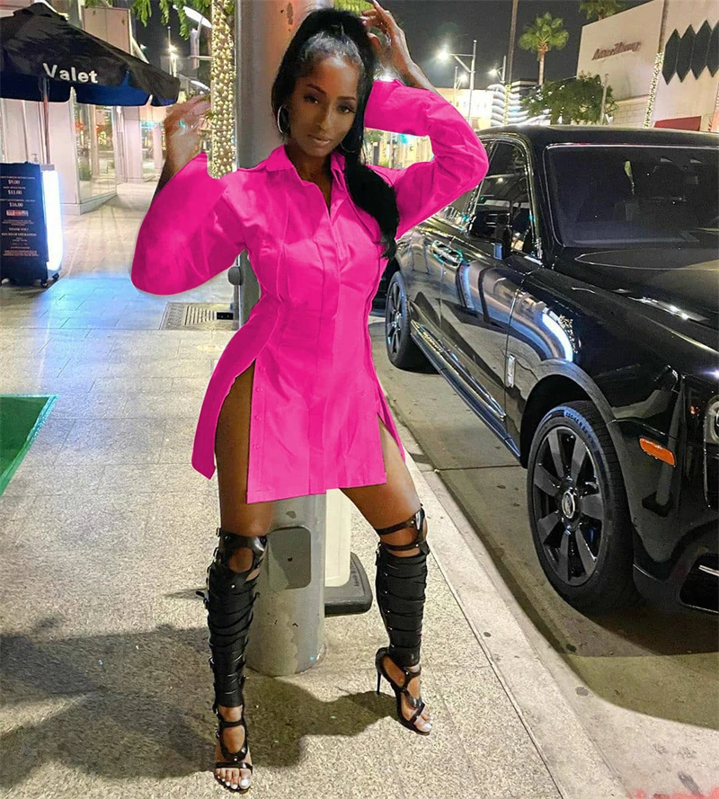 high quality 100 polyester fabric performance snap button down white long sleeve collar dress shirt mini dress for women 2022