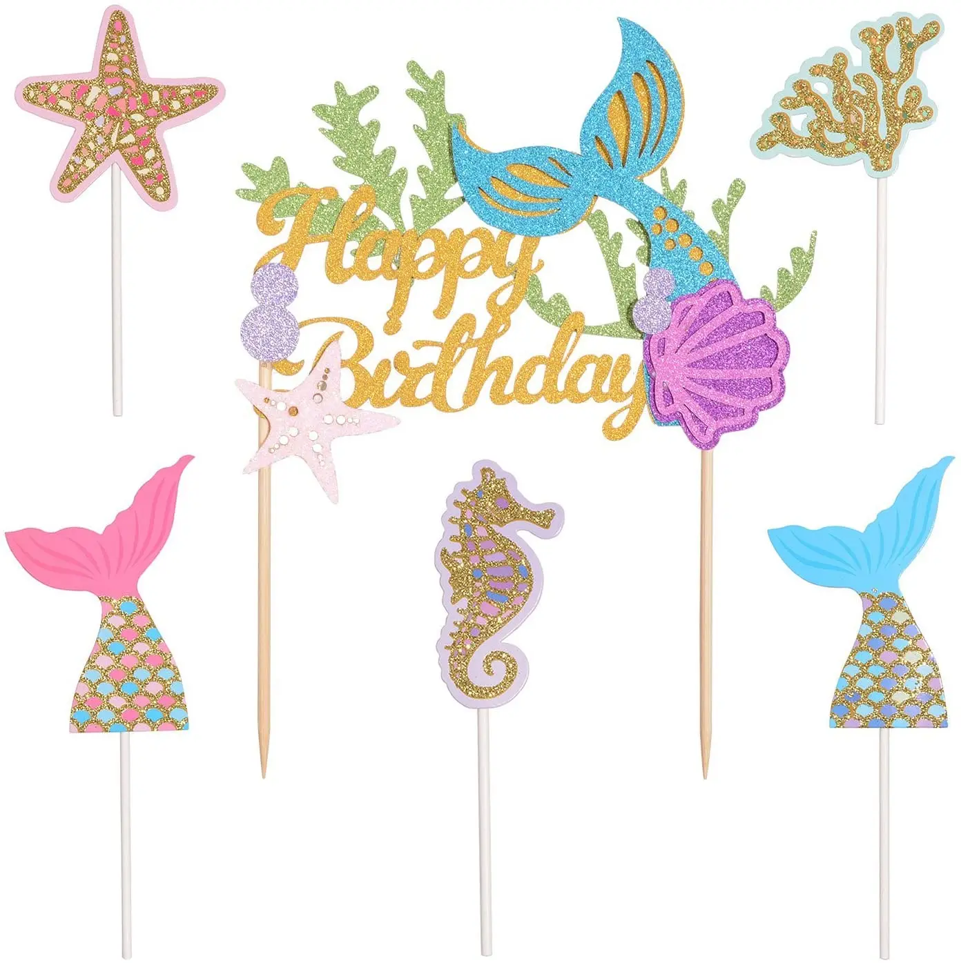 Baby Shower Glitter Happy Birthday Mermaid Cake Topper Gold Glitter Mermaid Cake Decoration