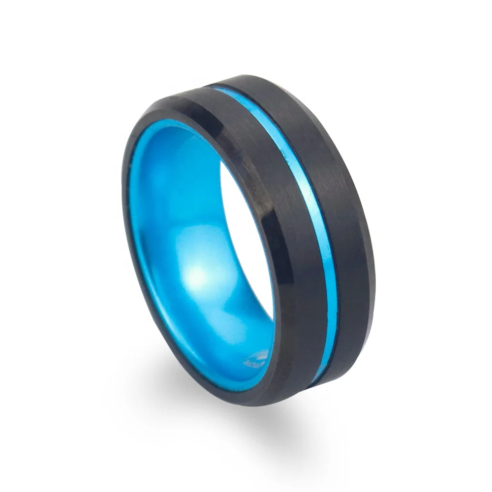 POYA Black Tungsten Blue Anodized Aluminum Sleeve Inlay Ring 8mm Two Tones Men Wedding Band