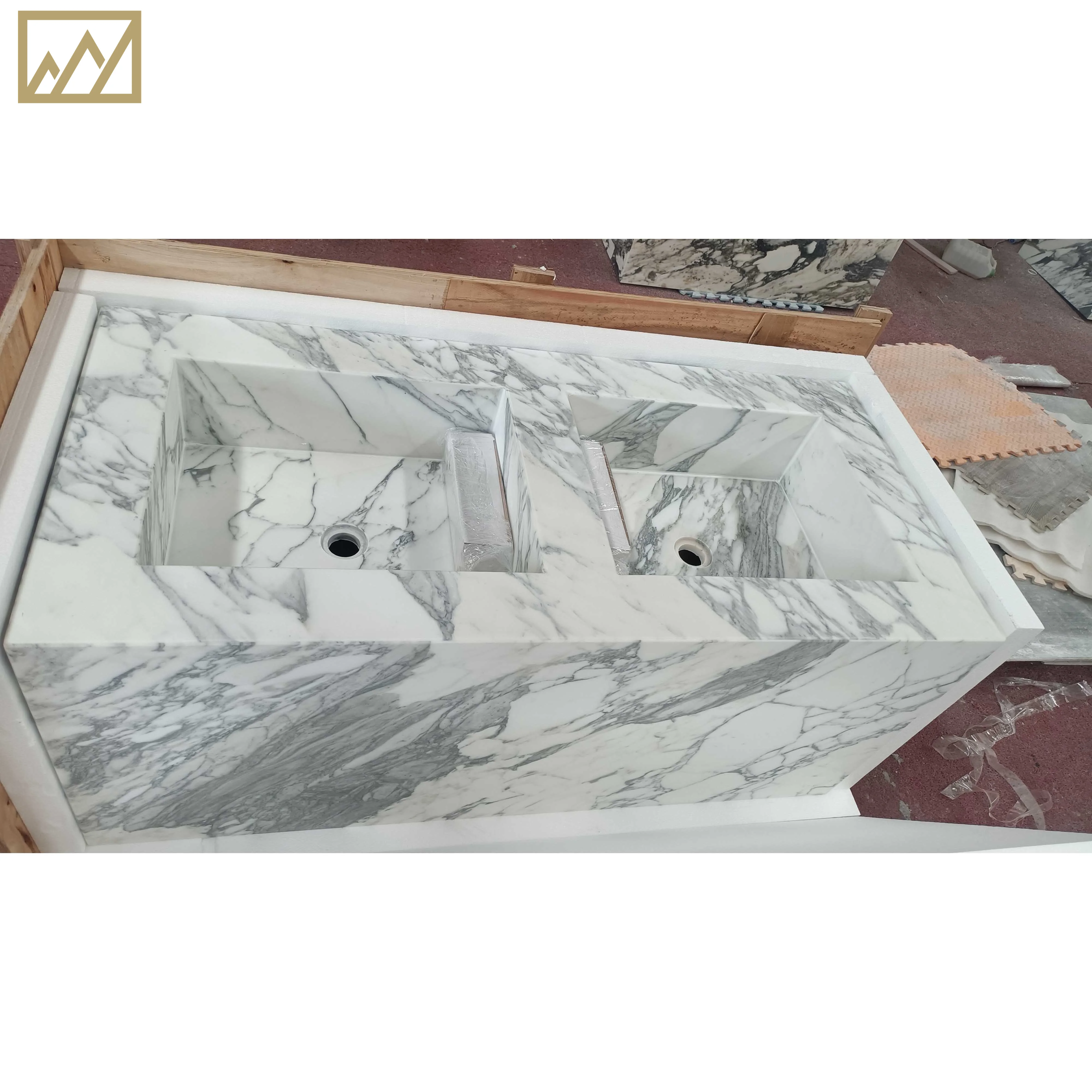 KINGS-WING Modern Design Natural Stone Double Washing  Basin For Washroom Arabescato Marble Bathroom Sink
