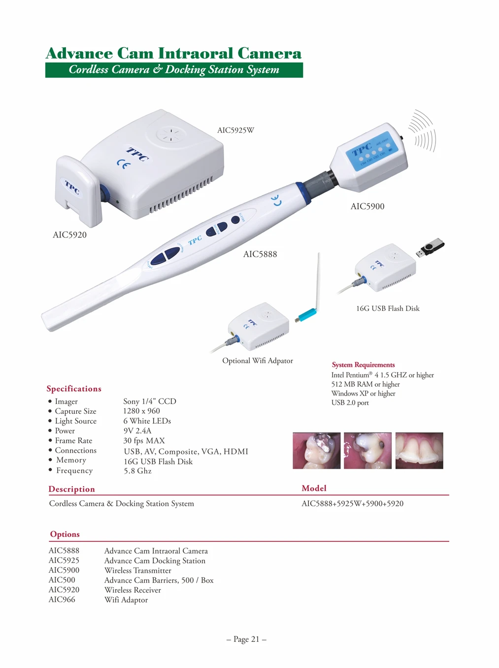 AIC5888+AIC5925 High Pixels wired or wireless dental intraoral camera with WIFI Connection can used in any monitor